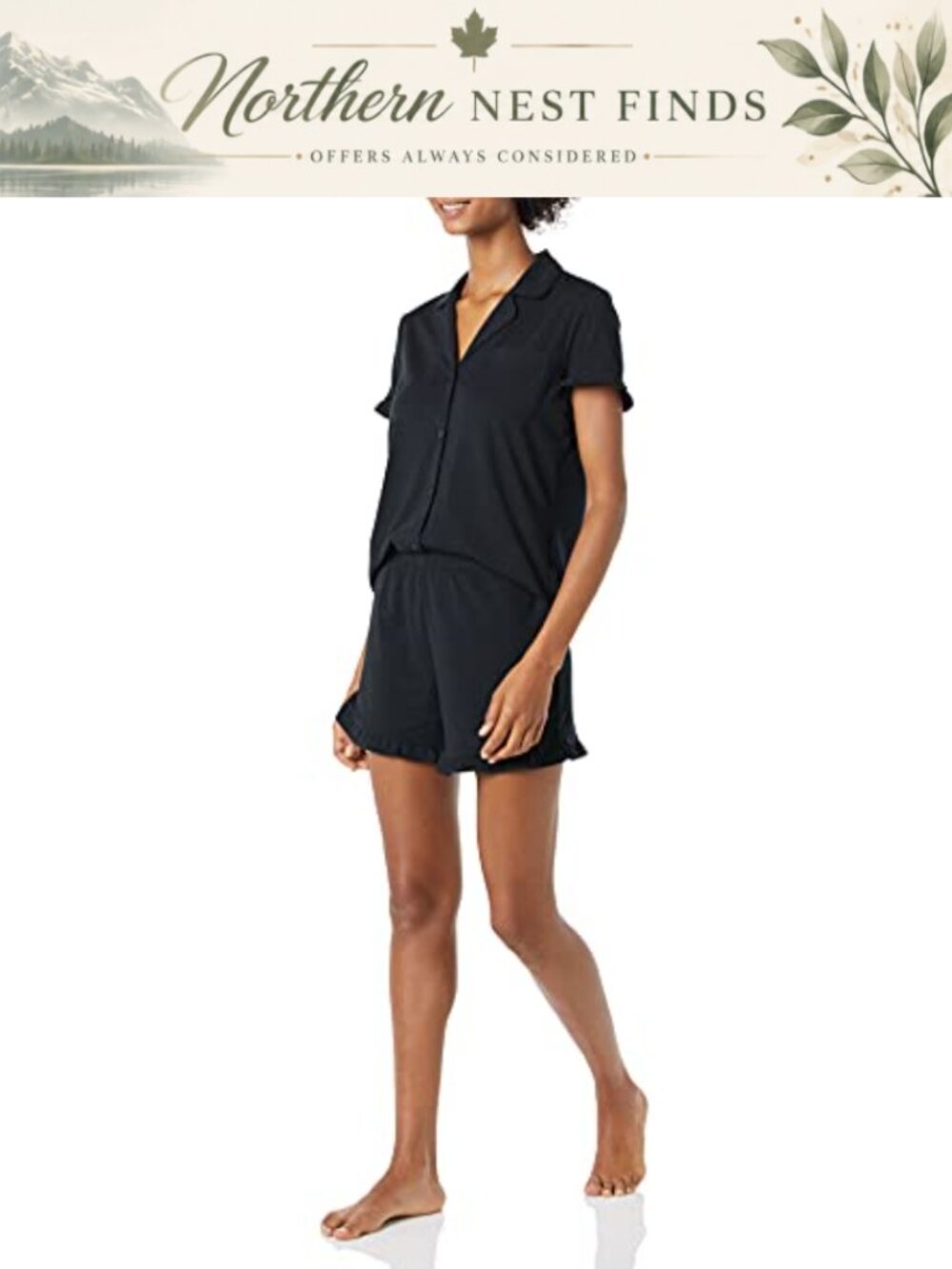 Cotton Modal Short Pajama Set Ruffle Detail Notch Collar